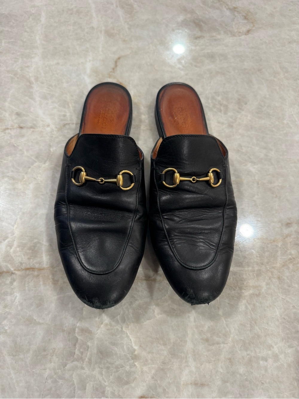 Gucci Princetown Black Leather Slip-On Mules with Gold Horsebit